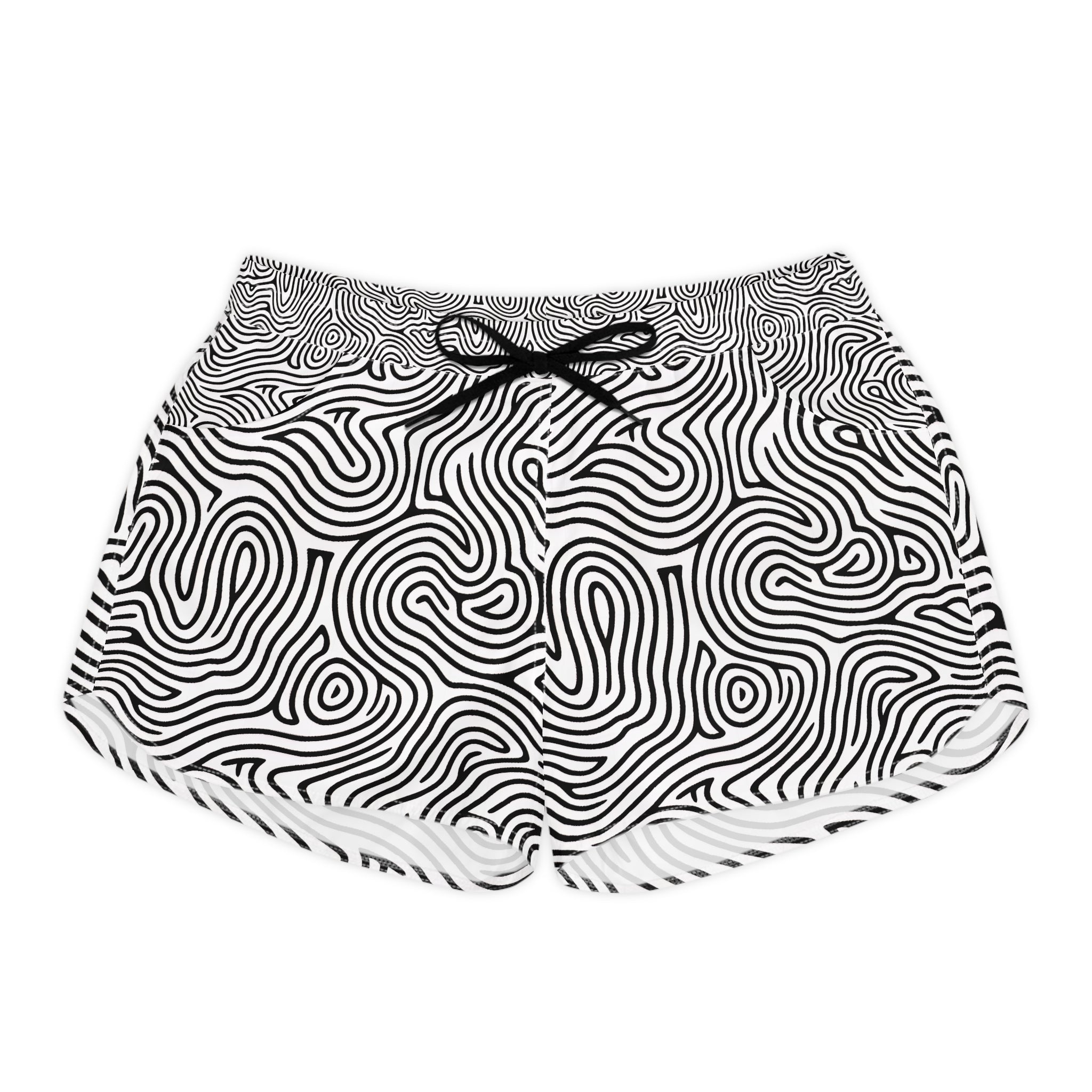 Black and white patterned shorts on a white background
