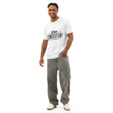 Man wearing a white t-shirt with 'Stay Consistent' text on a white background