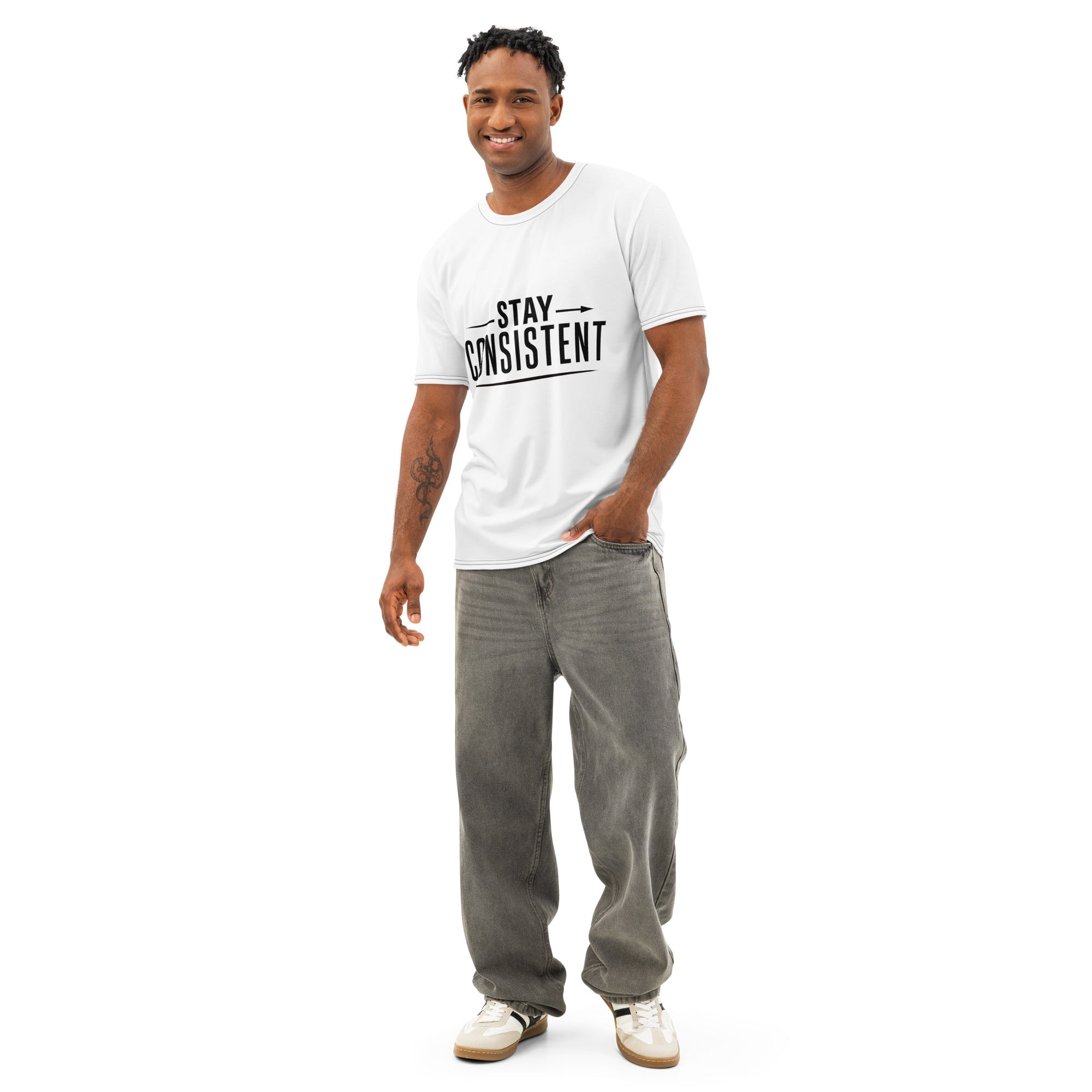 Man wearing a white t-shirt with 'Stay Consistent' text on a white background