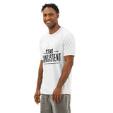 Man wearing a white t-shirt with 'Stay Consistent' text on a white background