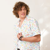 Person wearing a colorful patterned shirt against a white background