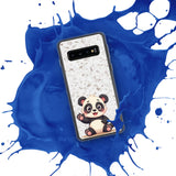 Phone case with a panda design on a blue and white splatter background