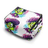 Small cube-shaped pouch with cartoon character design on a white background