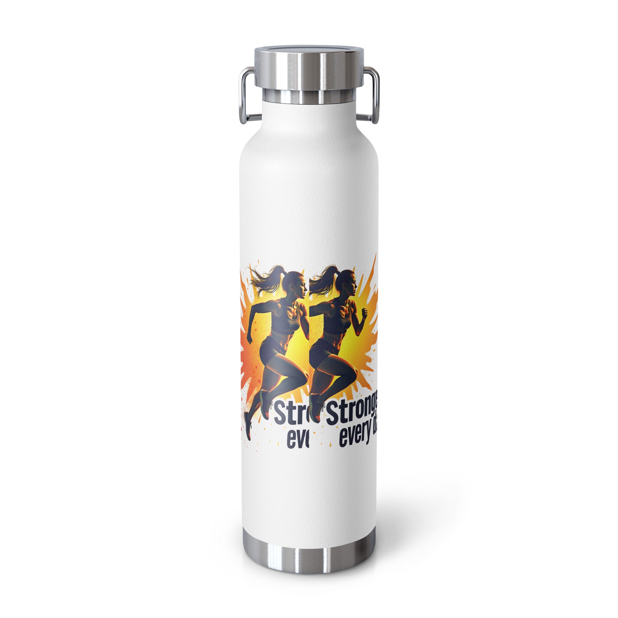 White water bottle with 'Strong every day' design on a white background