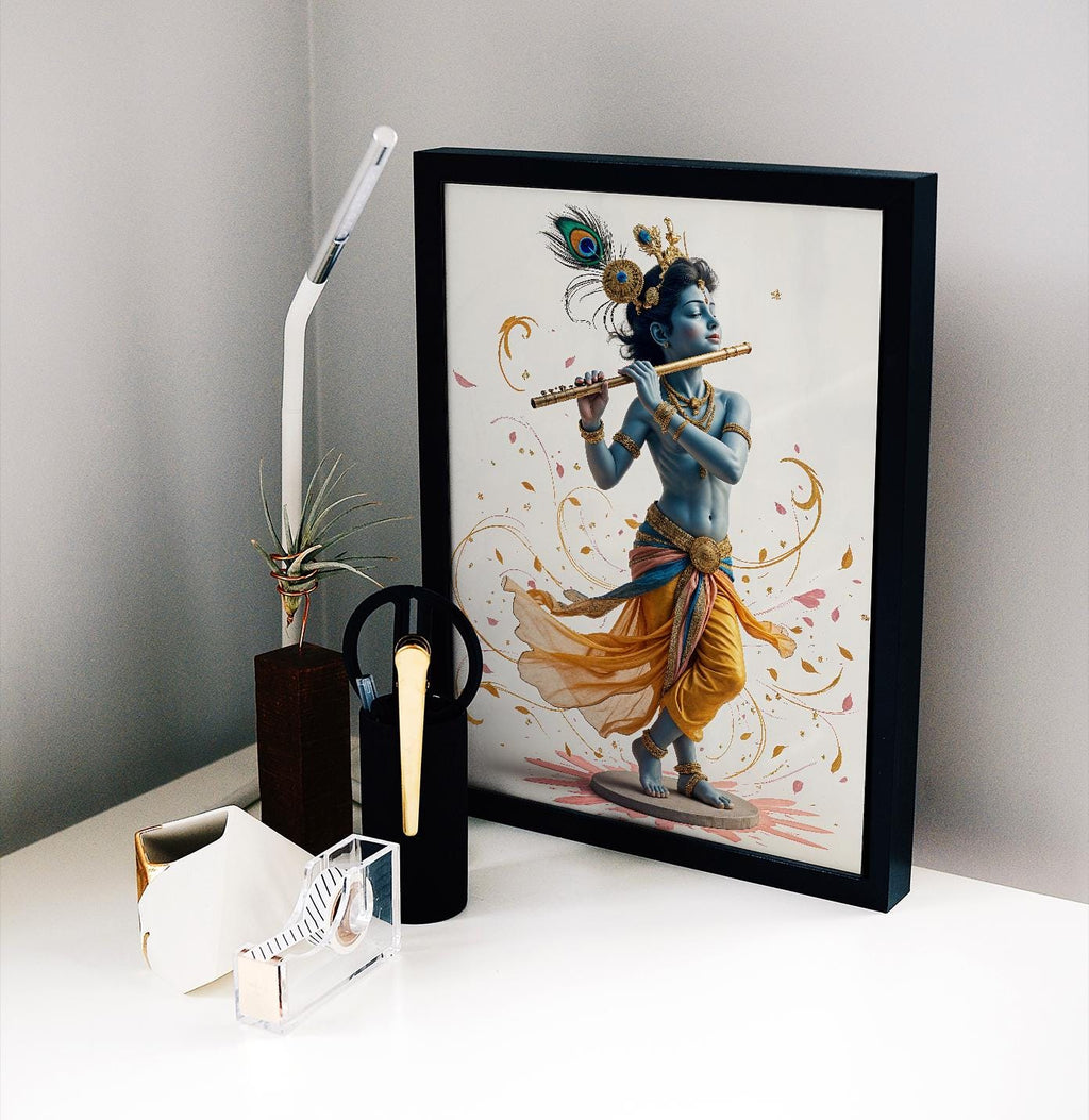 Lord Krishna Flute Digital Art Print: Hindu Deity Poster