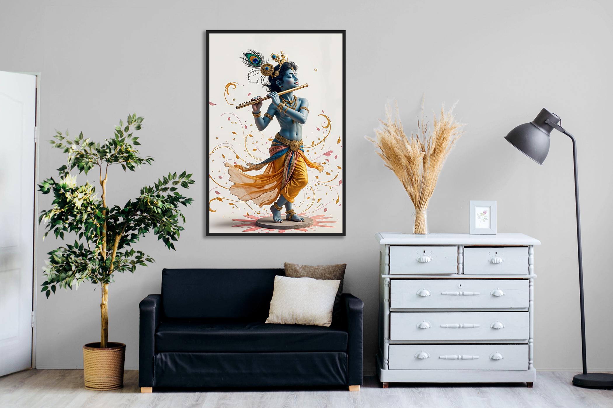 Lord Krishna Flute Digital Art Print: Hindu Deity Poster