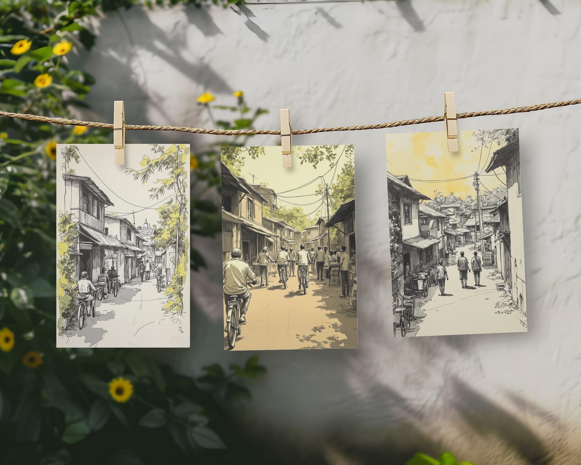 Indian Village Street Scene Print Set: Sepia Tone Rural India Art (Digital Download)