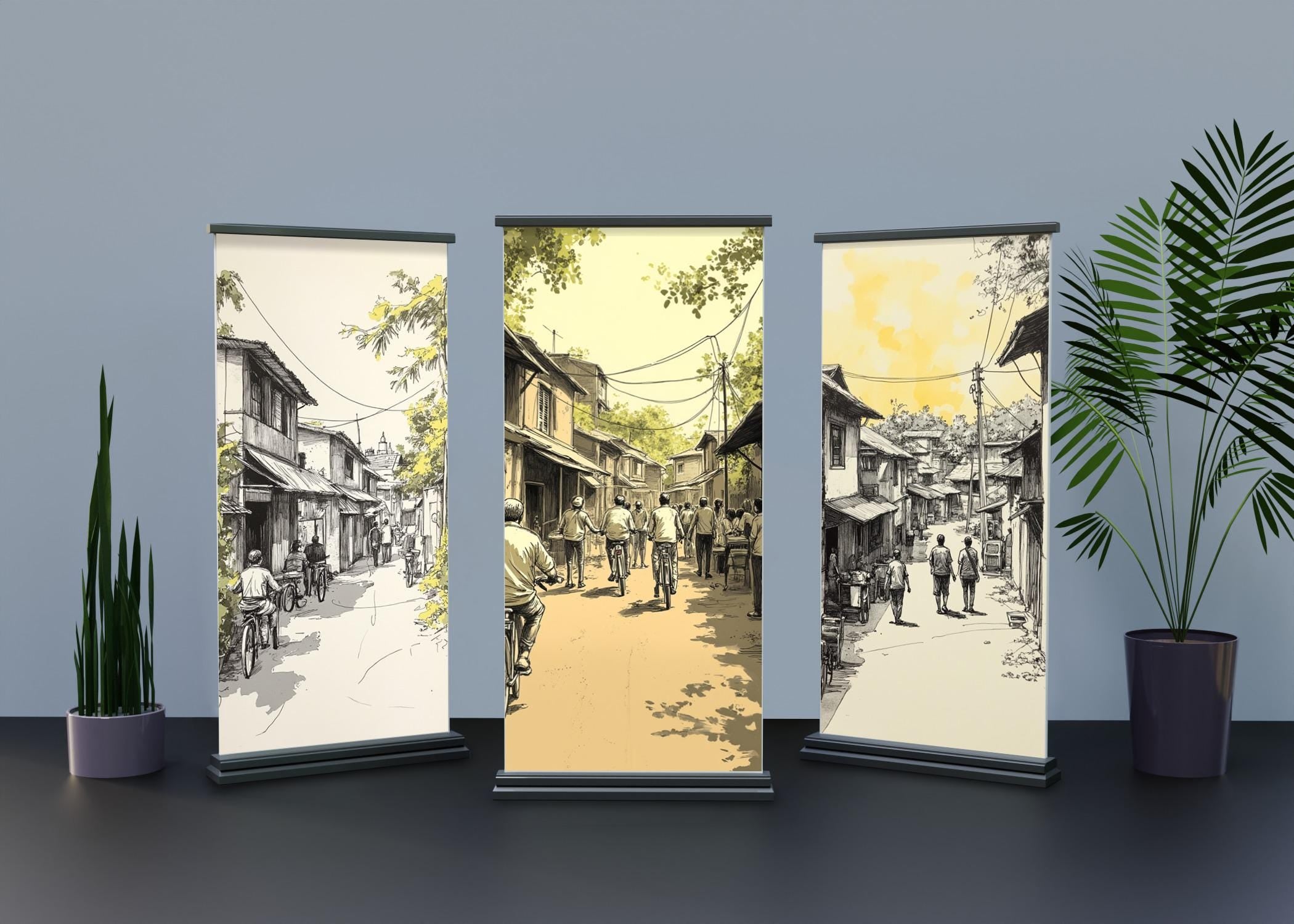 Indian Village Street Scene Print Set: Sepia Tone Rural India Art (Digital Download)