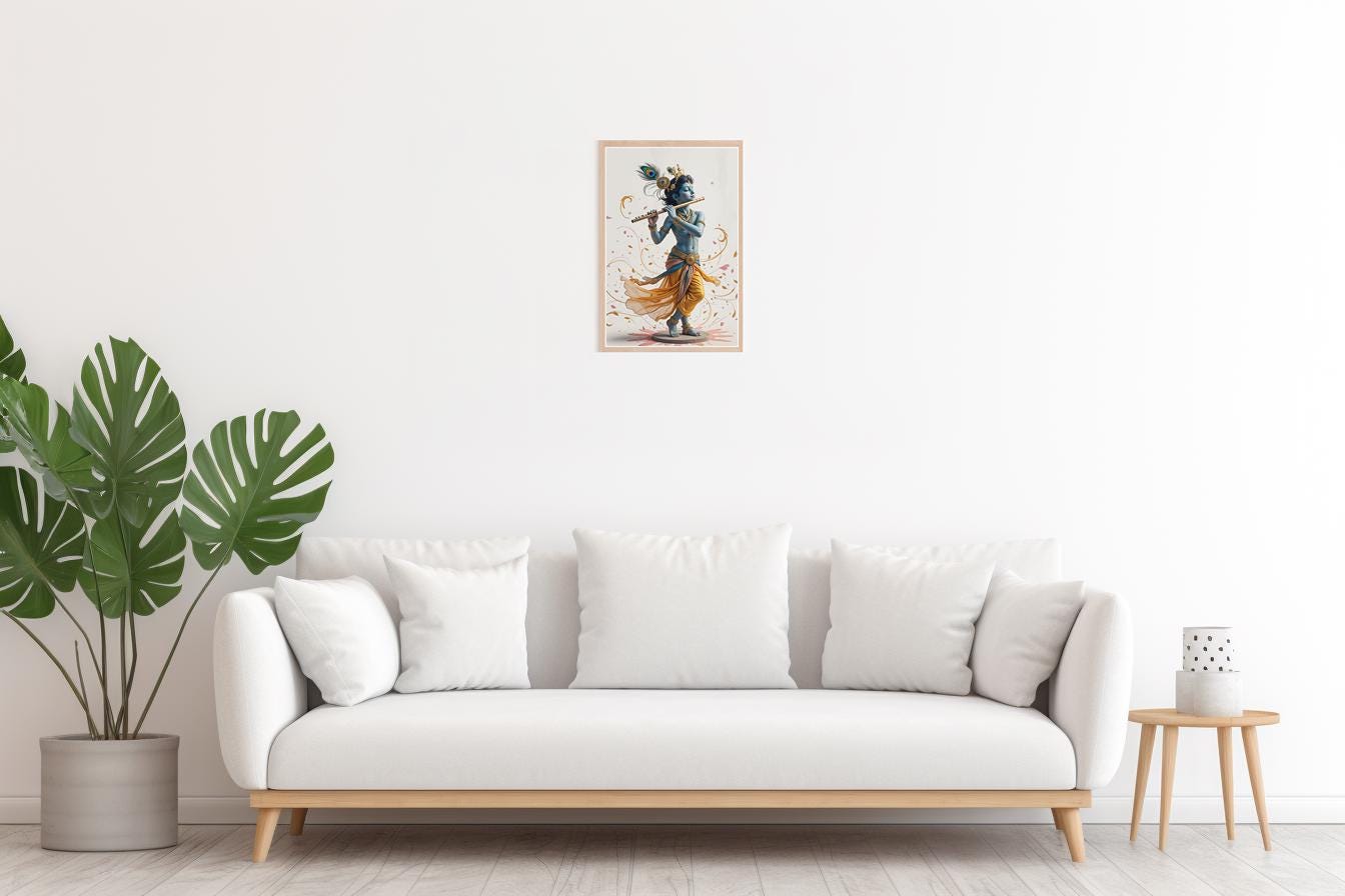 Lord Krishna Flute Digital Art Print: Hindu Deity Poster