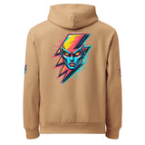 Beige hoodie with a colorful graphic design on the back against a white background
