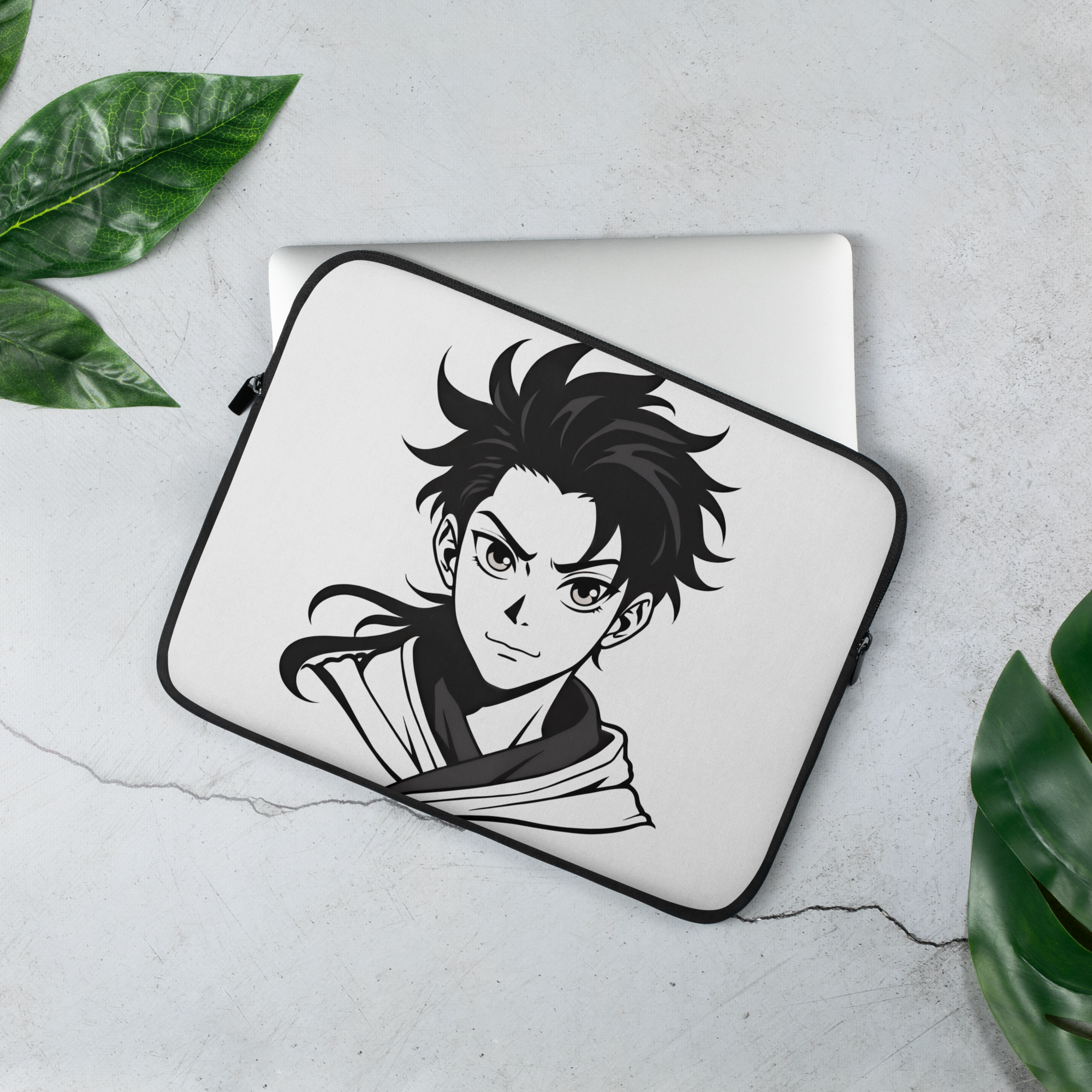 Anime Warrior Art Laptop Sleeve – Minimal Black & White Manga Design