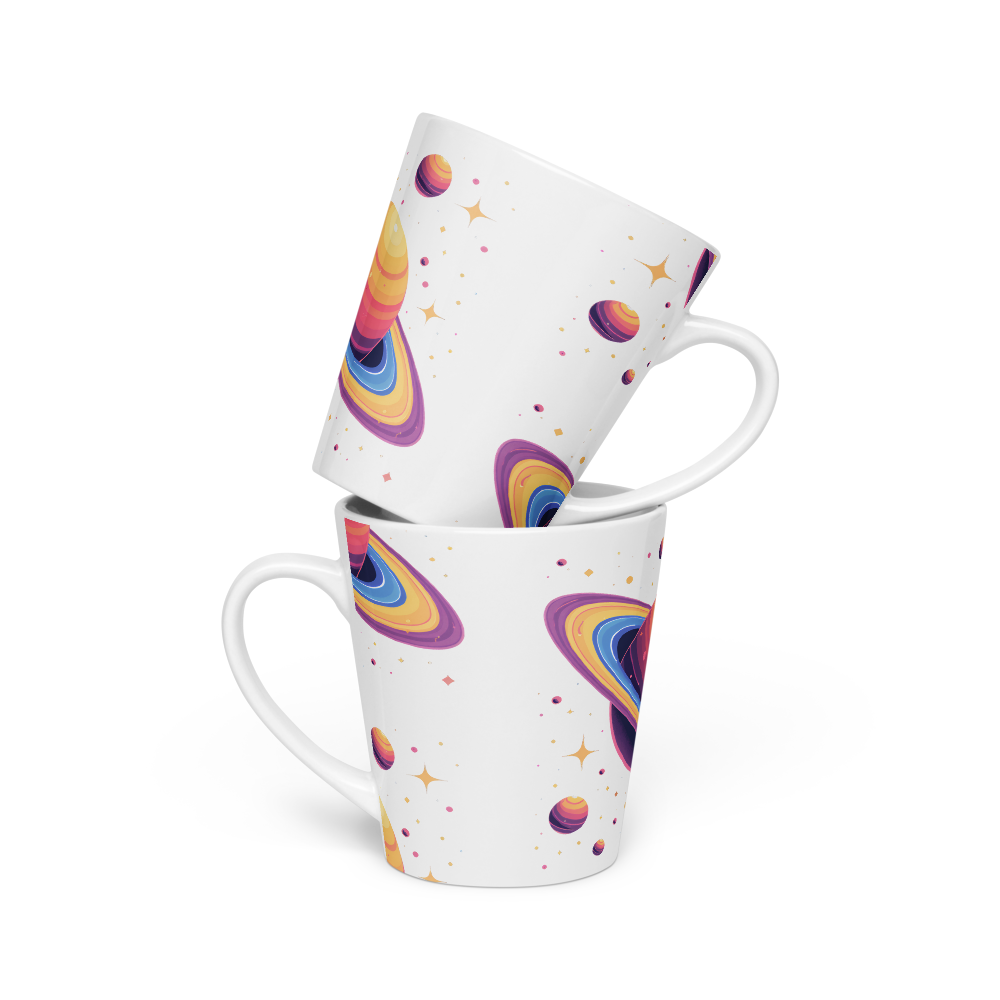 Two mugs with colorful planet designs stacked on a white background
