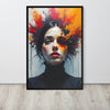 Framed artwork of a woman's face with abstract colorful design on a white wall.