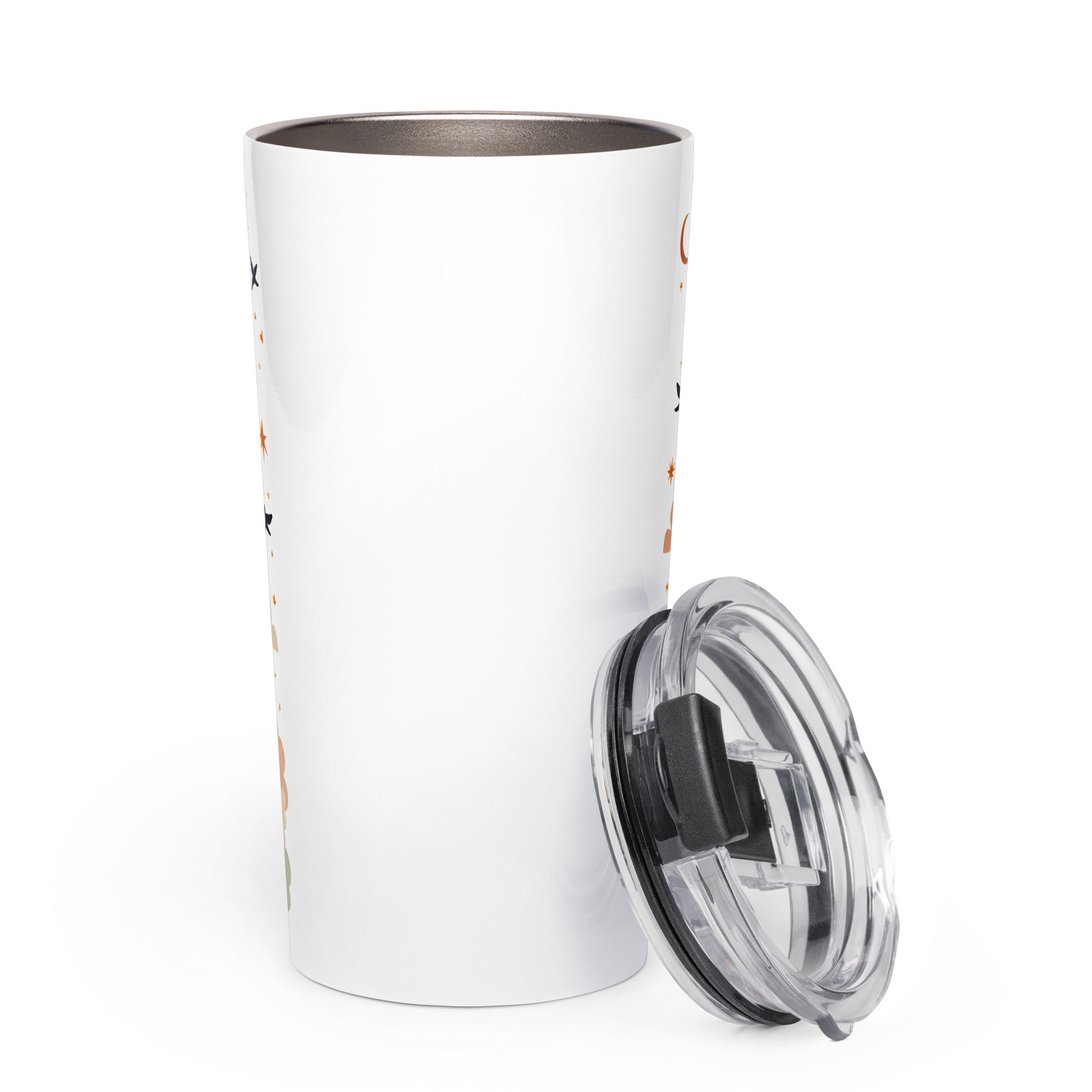 White tumbler with a clear lid on a white background
