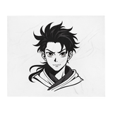 Black and white illustration of a character on a white background