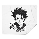 Blanket with black and white anime-style character design on a white background
