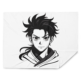 Black and white illustration of a character with spiky hair on a white background