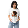 Person wearing a white t-shirt with a graphic design and text on a white background