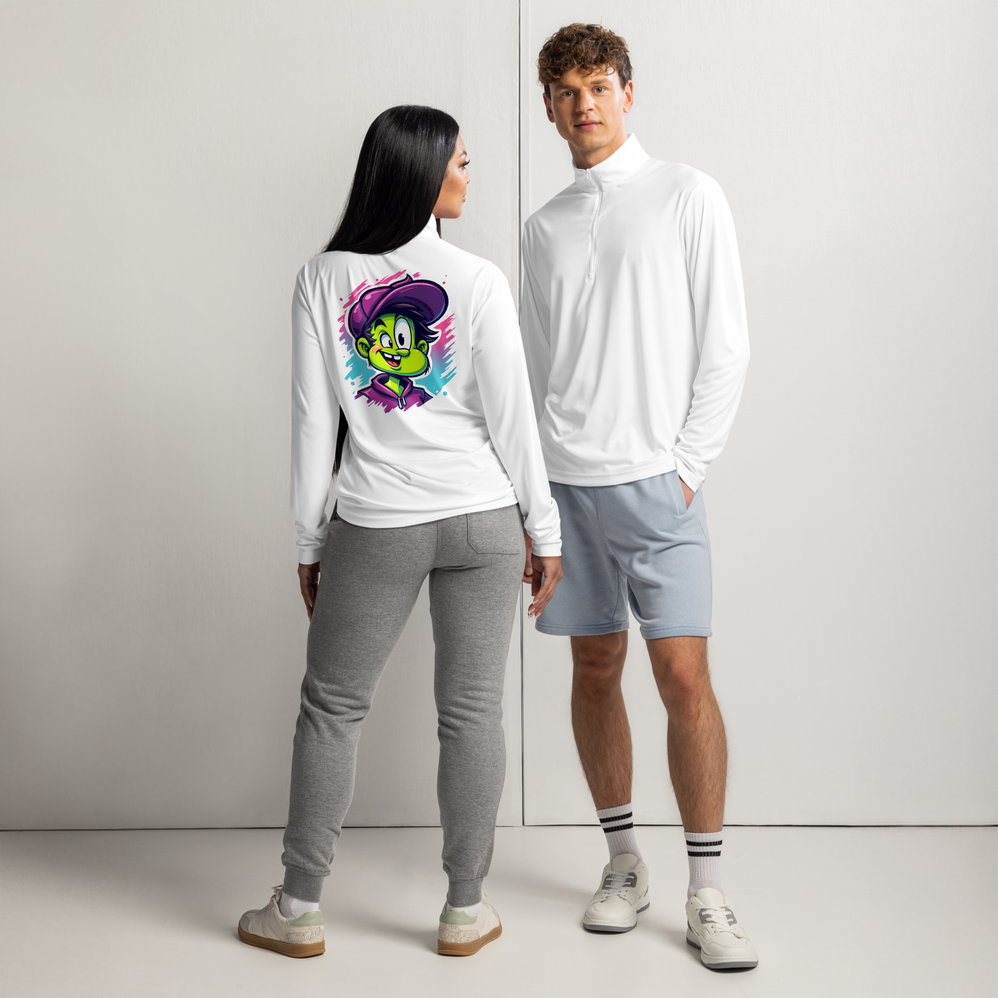 Colorful Cartoon Character Lightweight Quarter-Zip Pullover – Sporty Pop Art Style